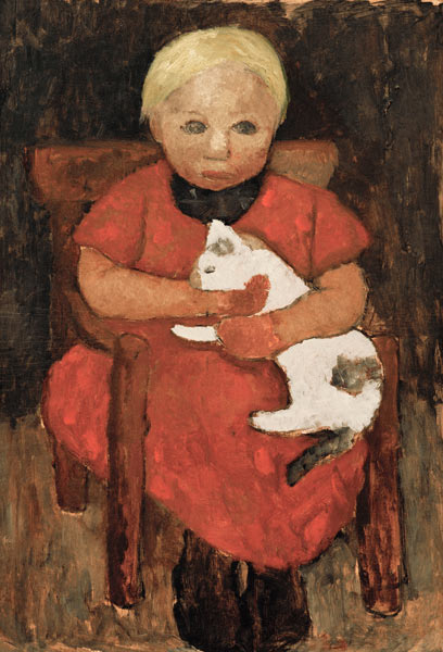 Sitting country child with cat van Paula Modersohn-Becker