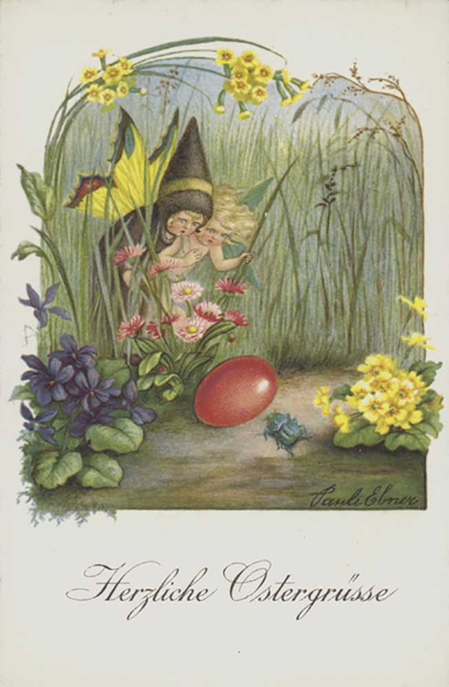 Easter greetings card depicting two fairies in a spring garden. van Pauli Ebner