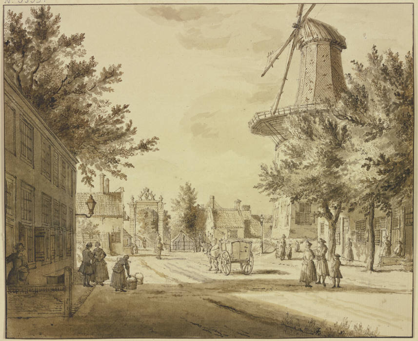 Straßenansicht bei einem Stadttor, rechts eine Windmühle van Paulus Constantijn la Fargue