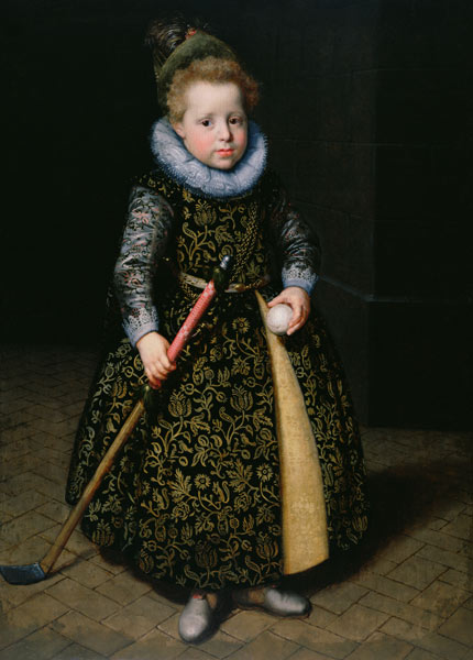 Portrait of a four-year old boy with club and ball van Paulus Moreelse