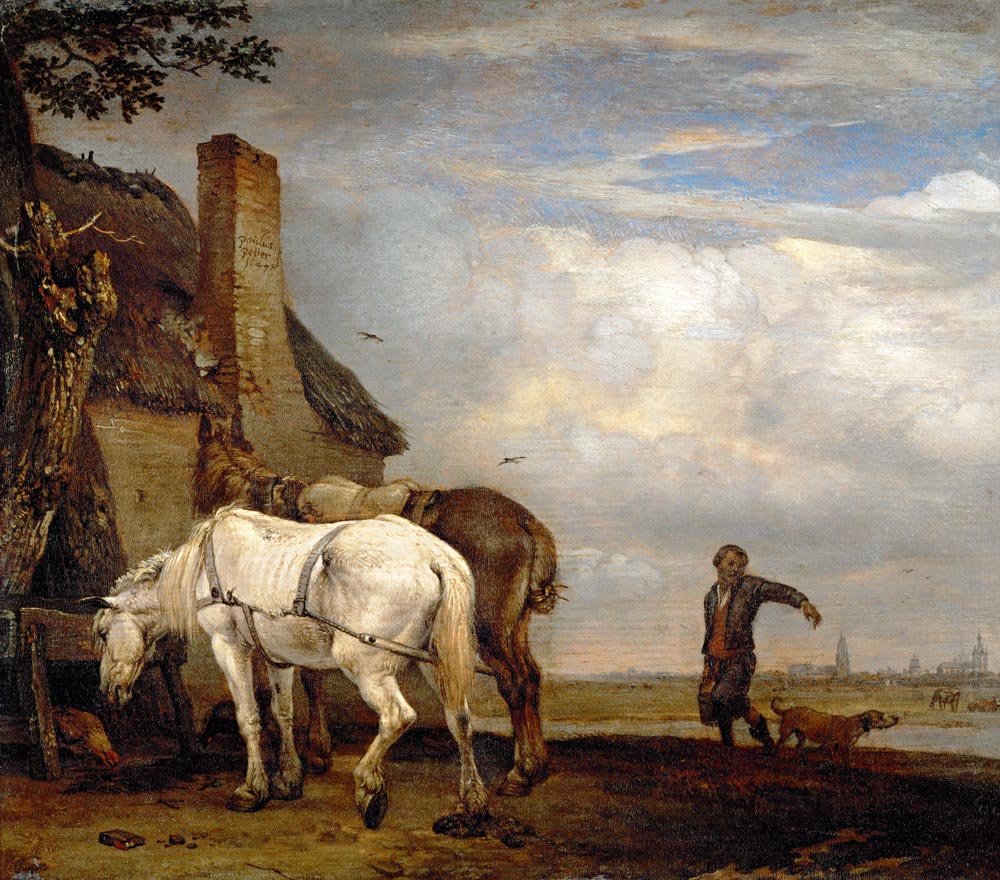 Twee paarden buiten een boerderij  - Paulus Potter van Paulus Potter