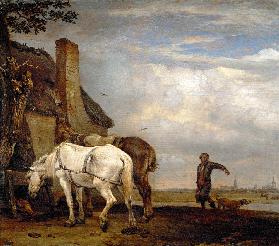 Twee paarden buiten een boerderij  - Paulus Potter