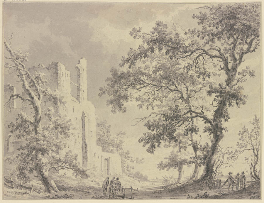 Links eine Ruine, rechts hohe Bäume mit einem Zaun, an welchem verschiedene Personen stehen van Paulus van Liender