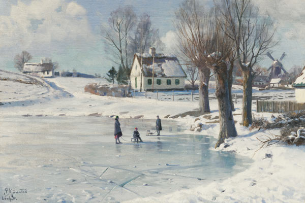 Auf dem zugefrorenen Dorfteich (Lönholt) van Peder Moensted