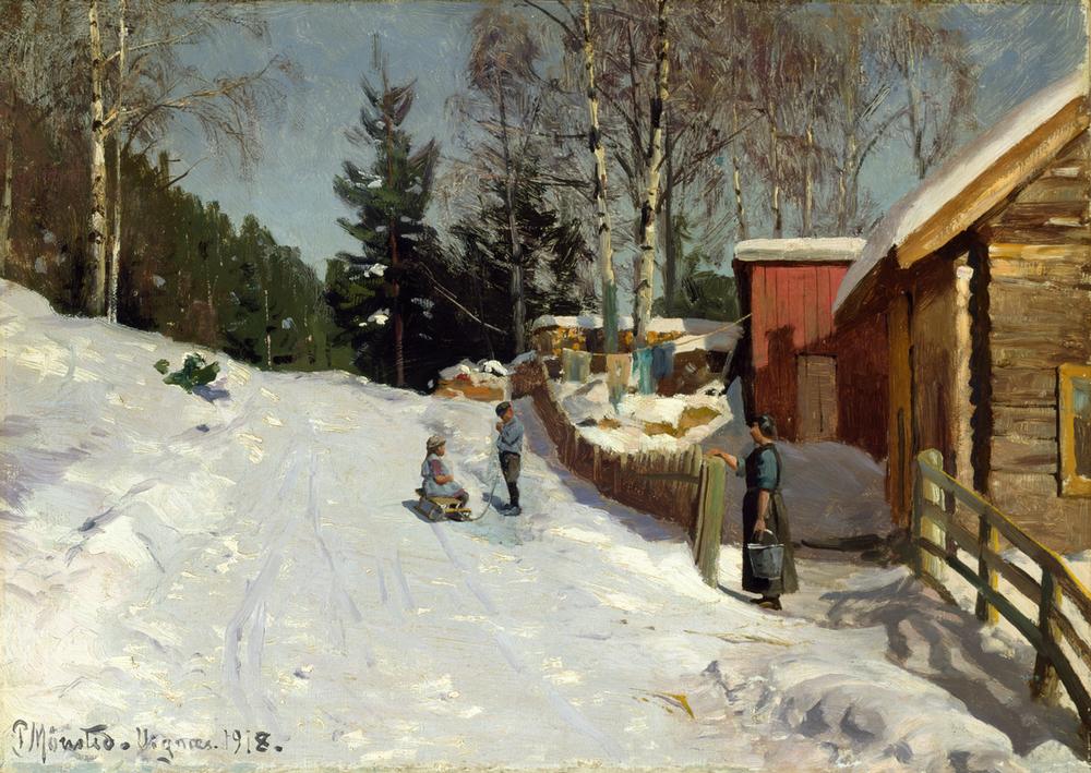 Children Playing in a Snowy Village Lane van Peder Moensted