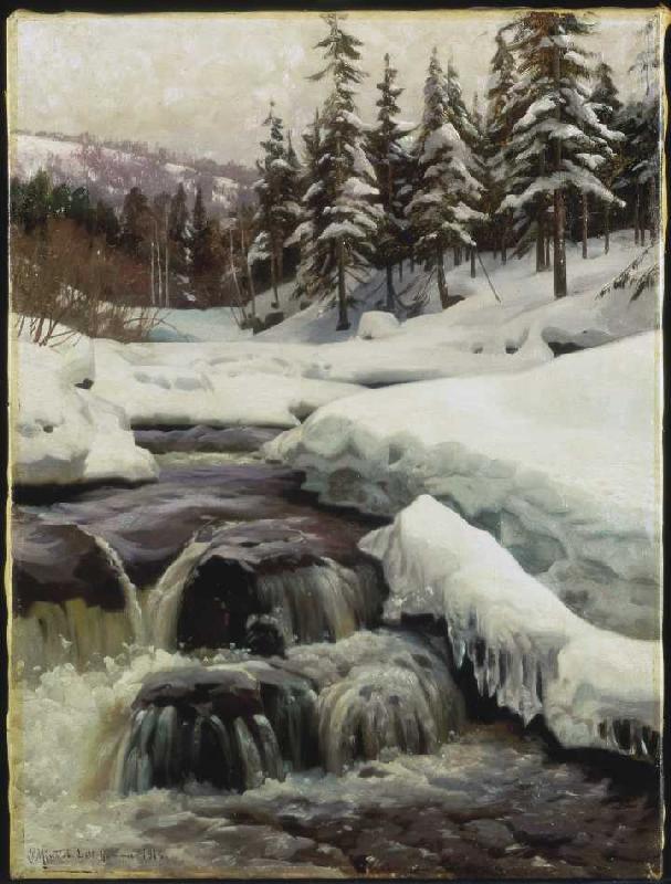 Winterlandschaft mit Gebirgsbach (Lillehammer) van Peder Moensted