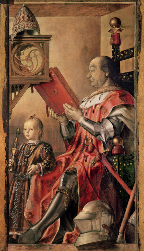  Portrait of Federigo da Montefeltro, Duke of Urbino (1422-82) and his son Guidobaldo (d.1508) van Pedro Berruguete