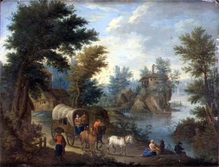 A wooded river landscape with travellers van Peeter van Bredael