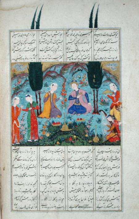 Ms D-184 fol.381a Court Scene in a Garden, illustration from the 'Shahnama' (Book of Kings) van Persian School