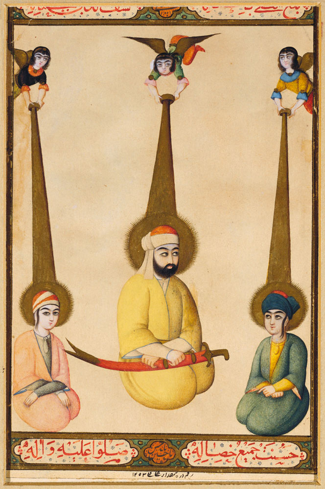 The first three Shiite Imams: Ali with his sons Hasan and Husayn, illustration from a Qajar manuscri van Persian School
