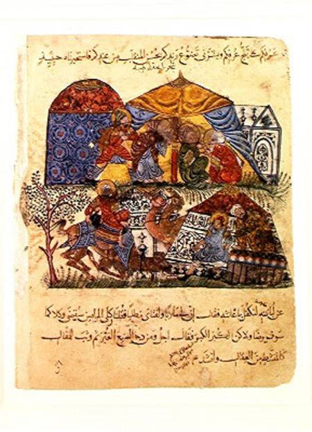 An old man and a young man in front of the tents of the rich pilgrims, from 'The Maqamat' (The Meeti van Persian School