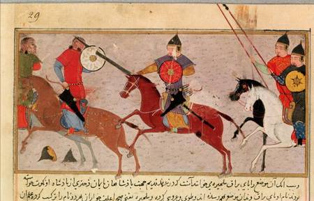 Ms Pers.113 f.29 Genghis Khan (c.1162-1227) Fighting the Tartars van Persian School