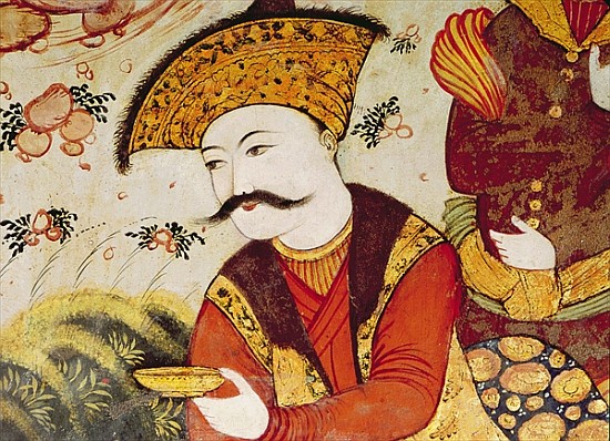 Shah Abbas I (1588-1629) and a Courtier offering fruit and drink (detail of 155563 showing the head  van Persian School
