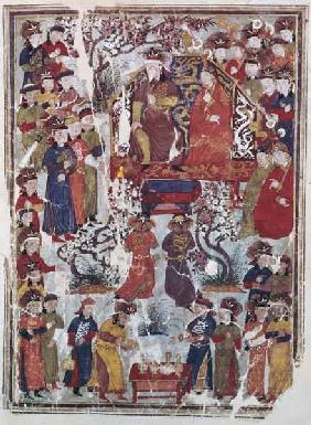 Ms. Supp. Pers. 113 f.44v Genghis Khan and his wife Bortei enthroned before courtiers