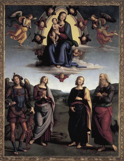 Madonna in der Glorie mit vier Heiligen van Perugino (eigentl. Pierto di Cristoforo Vanucci)