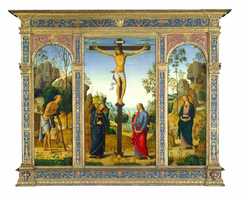Die Kreuzigung mit Jungfrau, Saint John, Saint Jerome und Saint Mary Magdalene van Perugino (eigentl. Pierto di Cristoforo Vanucci)