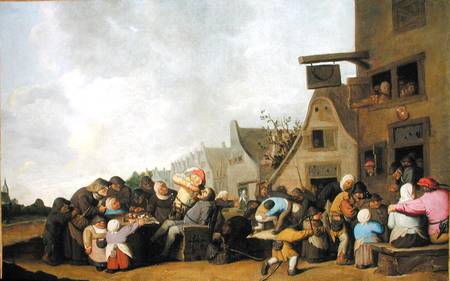 A Village Scene with a Dentist Pulling Teeth and Peasants Fighting Outside a Tavern van Peter de Bloot