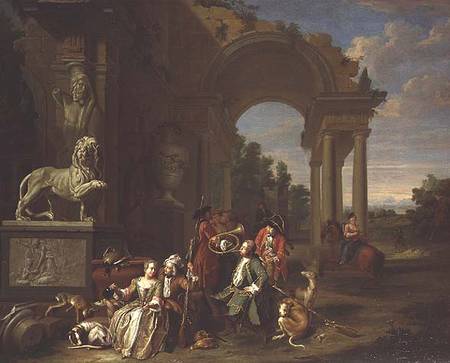 A Hunting party in classical ruins van Peter Jakob Horemans