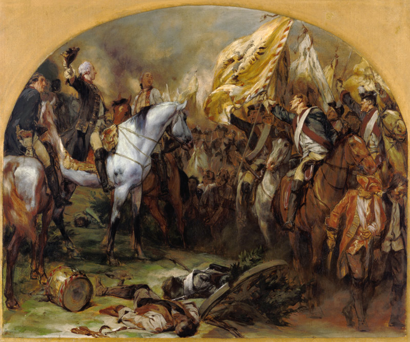 Die Siegesparade der preußischen Truppen vor Friedrich dem Großen nach der Schlacht bei Hohenfriedbe van Peter Janssen