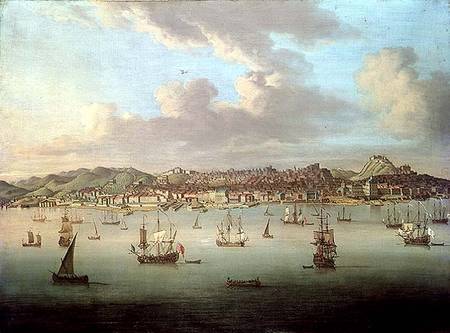 The British Fleet Sailing into Lisbon Harbour van Peter Monamy
