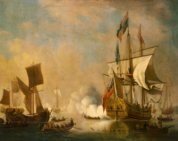 Die königliche Yacht "The Peregrine", eine holländische Galeone und andere Schiffe van Peter Monamy (Umkreis)
