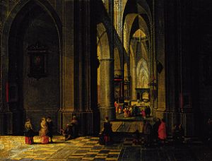 Inneres einer dreischiffigen gotischen Kirche van Peter Neefs d.Ä.