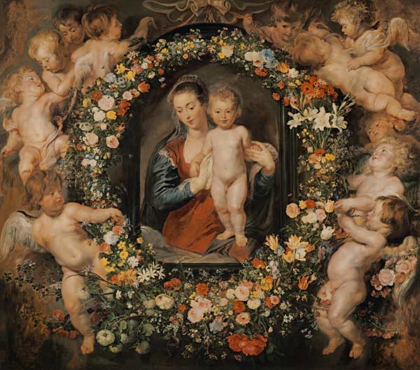 Die Madonna im Blumenkranz. Der Blumenkranz von Jan Brueghel d.Ä. (1568-1625) van Peter Paul Rubens Peter Paul Rubens