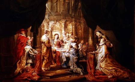 Mary Giving Ildefonso, Archbishop of Toledo the Vestment, with the Arch Duke Albrecht VII and his Pa van Peter Paul Rubens Peter Paul Rubens