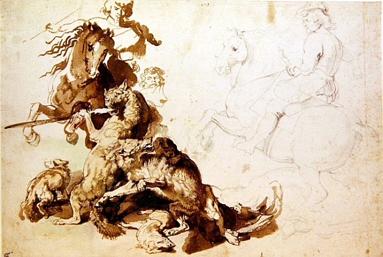 Sketch for a Wolf Hunt (pencil with w/c on paper) van Peter Paul Rubens Peter Paul Rubens