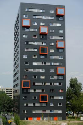 Fassade Hochhaus Anthrazit Orange van Peter Seifarth