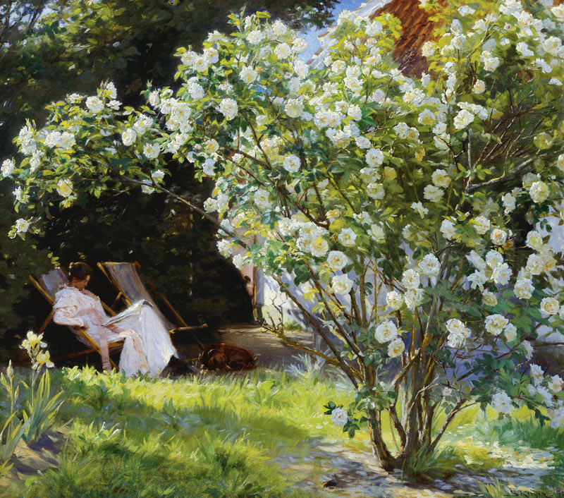 Rozen, of de vrouw van de kunstenaar in de tuin van Skagen van Peter Severin Kroyer