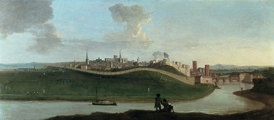 View of Chester, With Two Figures By The River In The Foreground van Peter Tillemans