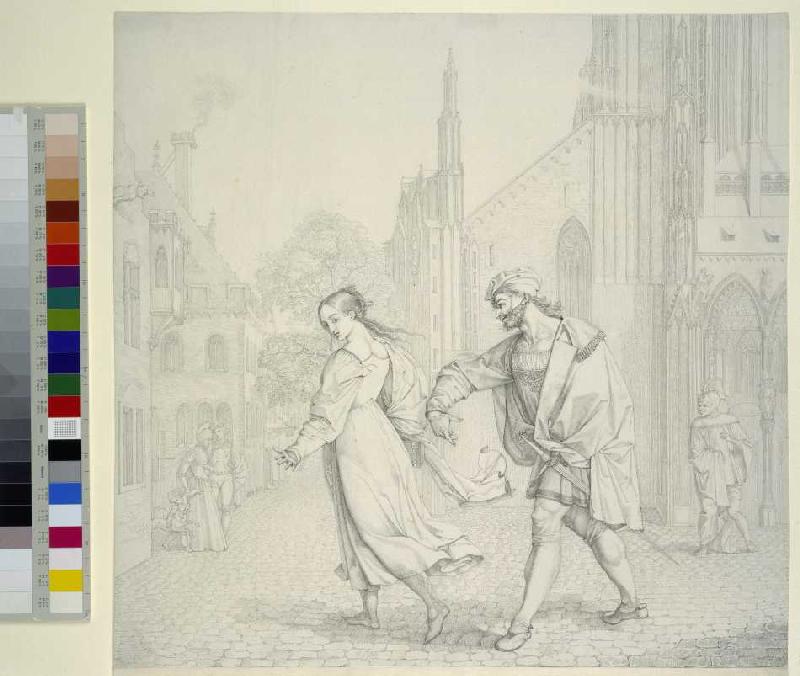 Szene am Ausgang der Kirche (Illustration zu Goethes Faust) van Peter von Cornelius