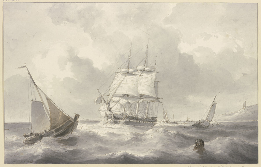 Bark in rough sea van Petrus Johannes Schotel