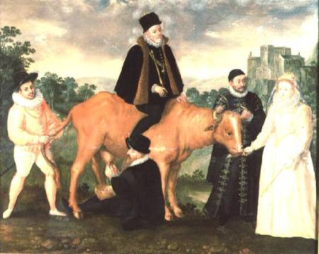 Portrait of Philip II (mounted on a cow), the Duke of Alencon, the Duke of Alba, William of Orange a van Philip Moro