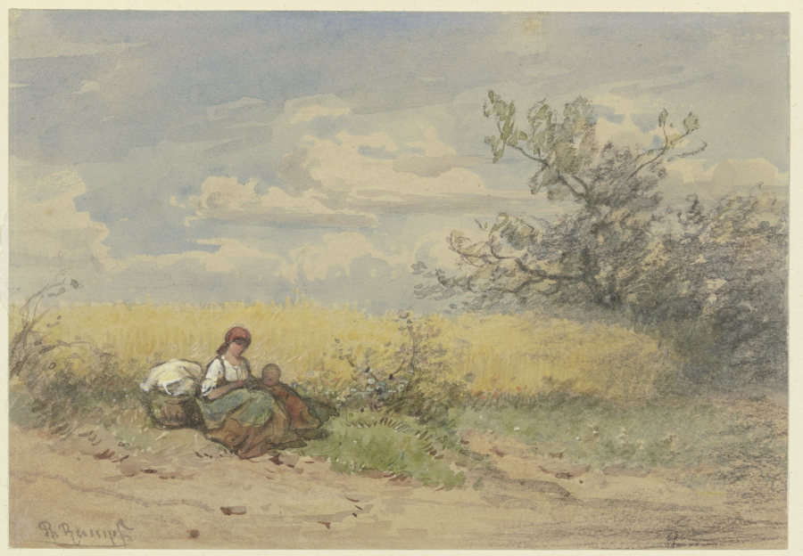 Bäuerin mit Kind vor einem reifen Kornfeld ruhend van Philipp Rumpf