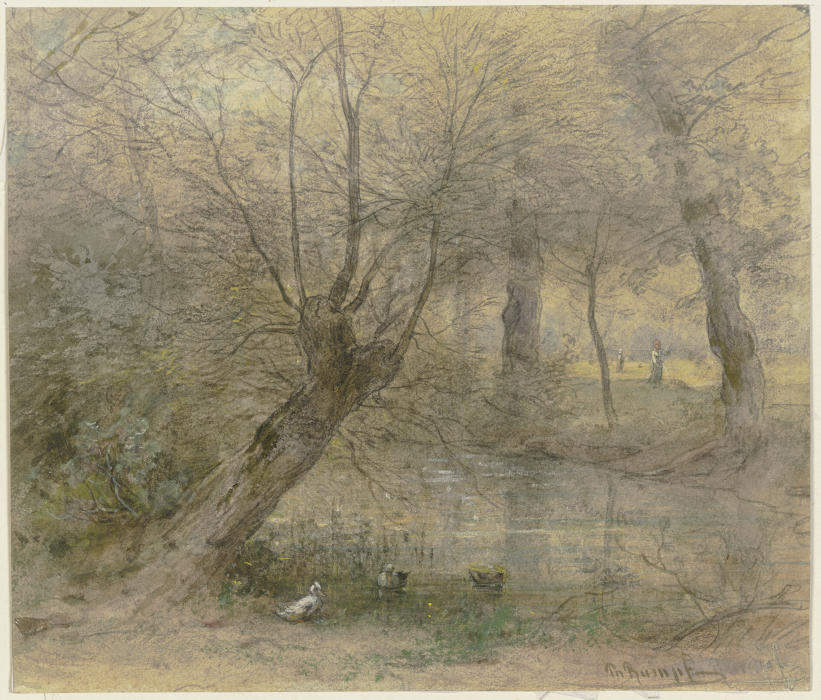 Partie von der Nied in der Nähe des Brentanoschen Parkes in Rödelheim, von Enten belebt van Philipp Rumpf