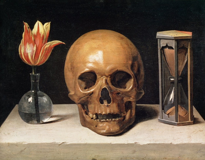 Vanitas Still Life with a Tulip, Skull and Hour-Glass van Philippe de Champaigne