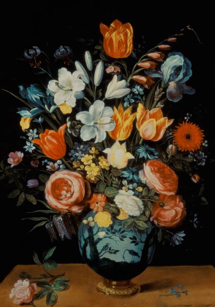 A Still Life of Flowers in a Porcelain Vase Resting on a Ledge van Phillipe de Marlier