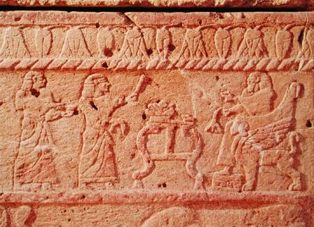 Relief depicting servants paying homage to the king, detail of the Sarcophagus of Ahiram, King of By van Phoenician