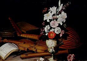 Stillleben mit Blumen und Musikinstrument van Pier Francesco Cittadini