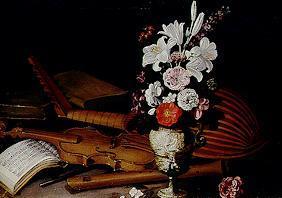 Stillleben mit Blumen und Musikinstrument