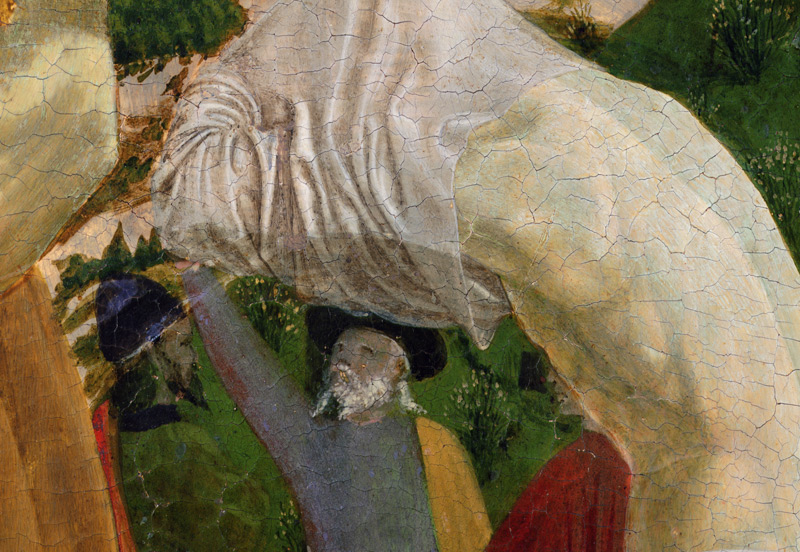 Doop van Christus, detail van het rechterdeel waarop een man staat 
afgebeeld die zich voorbereidt  van Piero della Francesca