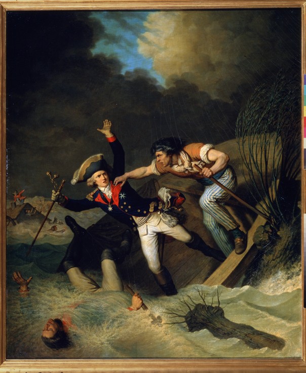 The Death of Duke Leopold of Brunswick during a flood in Brunswick in 1785 van Pierre Alexandre Wille