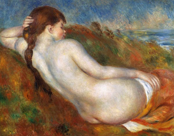 Nacktes Mädchen, im Dünengras ruhend. van Pierre-Auguste Renoir
