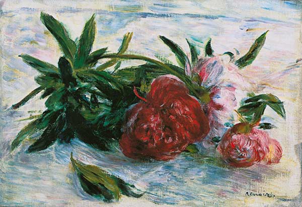 Päonien auf weißem Tischtuch van Pierre-Auguste Renoir