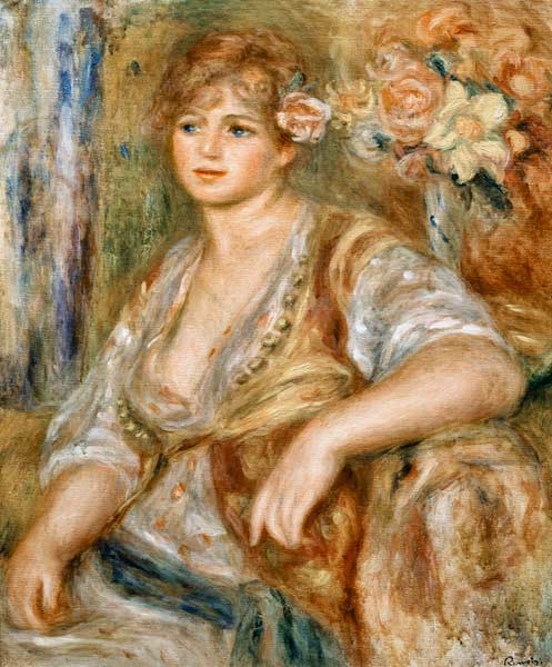 Blonde Frau mit Rose im Haar van Pierre-Auguste Renoir