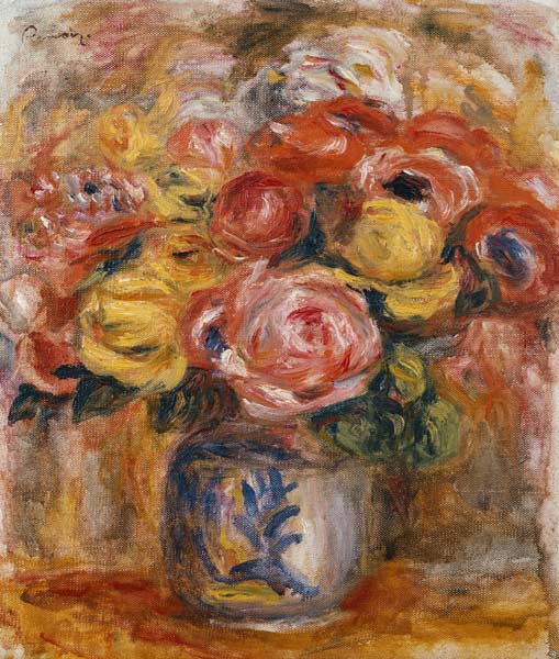 Blumenstrauß in einer blau-weißen Vase van Pierre-Auguste Renoir