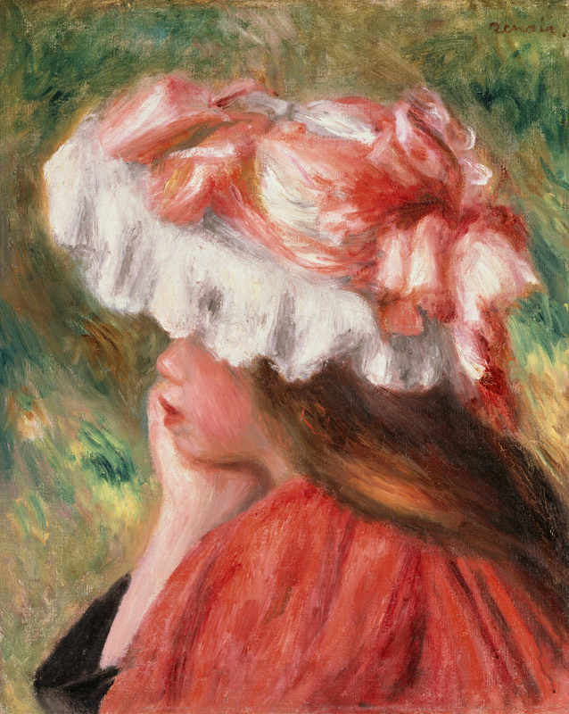 Junge Frau mit rotem Hut van Pierre-Auguste Renoir
