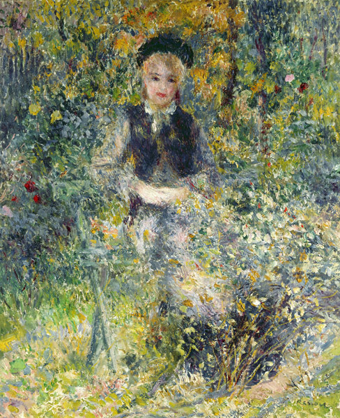Junges Mädchen auf einer Gartenbank. van Pierre-Auguste Renoir